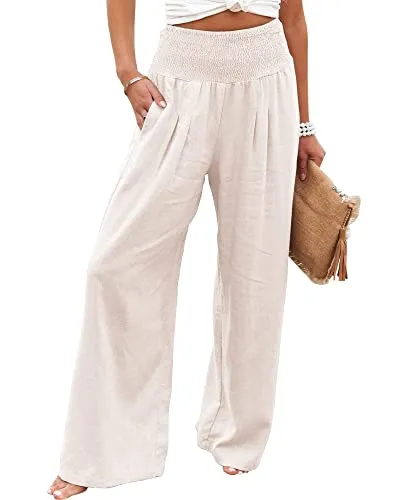 Vansha Women Summer High Waisted Cotton Linen Palazzo Pants Wide Leg Long Lounge Pant Trousers with Pocket White M
