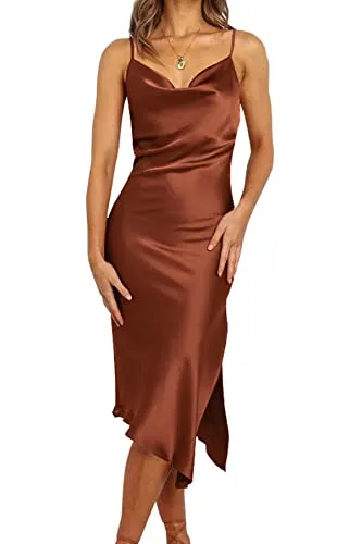 Prettygarden Satin Cowl Neck Midi Dress