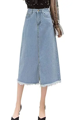 Chouyatou Mid-Calf Frayed Denim Skirt