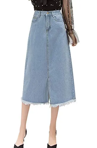Chouyatou Mid-Calf Frayed Denim Skirt