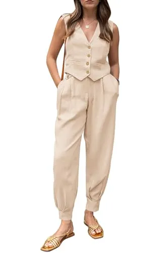 PRETTYGARDEN Summer 2 Piece Outfits For Women V Neck Button Front Cropped Tank Tops Vest Pockets Pants Cotton Matching Sets (Beige,Small)