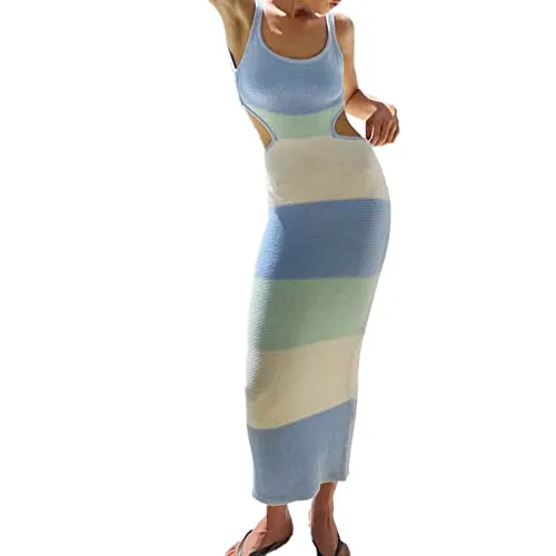 NUFIWI Women Backless Hollow Out Long Dress Sexy Tube Top Maxi Dress Bodycon Spaghetti Strap Cocktail Party Midi Dress(Colorblock Blue,M)