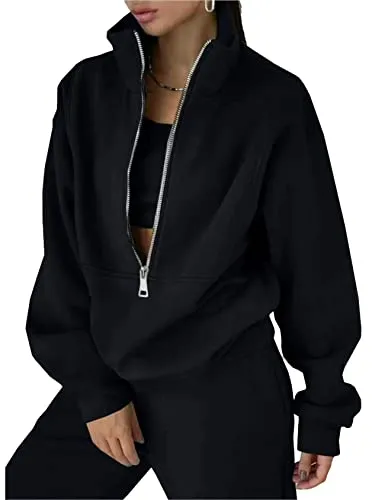 Kissonic Womens Two Piece Outfits Tracksuit Sets Half Zipper Fleece Joggers 2 Piece Long Sleeve Sweatshirts Jogger Pant(Black-M)