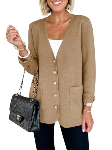 Saodimallsu Womens V Neck Cardigan Button Loose Knit Sweater Blazer Open Front Elegant Cardigans with Pockets Khaki