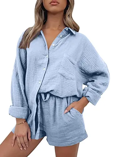AUTOMET 2 Piece Outfits For Women Lounge Sets Pajama Sets Long Sleeve Button Down Oversized Shirts And Shorts Fall Tracksuit