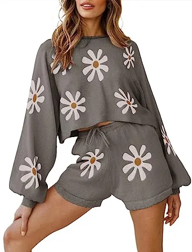 Ekouaer Long Sleeve Top and Shorts Knit Lounge Set