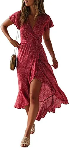 ZESICA Women's Bohemian Wrap Maxi Dress