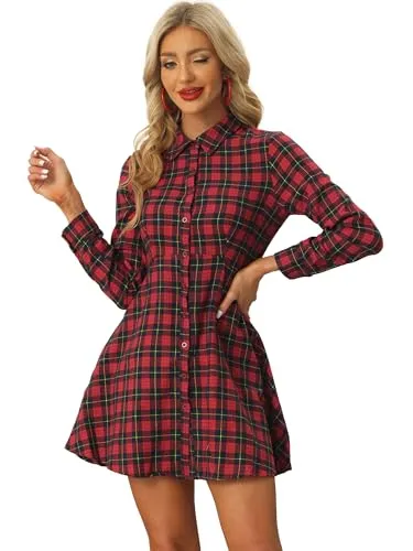Allegra K Plaid Button-Up Shirtdress