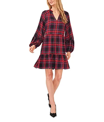 CeCe V-Neck Plaid Babydoll Dress