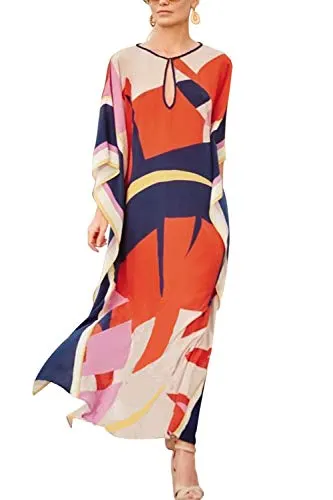 CHERRY CAT Women Beachwear Long Beach Coverups Kaftan Casual Caftan Dress (Abstract Orange)