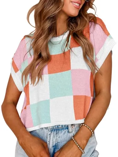 Saodimallsu Sleeve Crop Summer Color Block Sweater