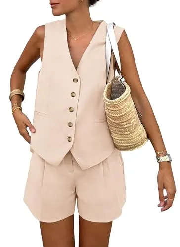PRETTYGARDEN Summer 2 Piece Outfits Sets For Women Button Down Deep V Neck Vest Waistcoat Sleeveless Tops Shorts With Pockets (Beige,X-Small)