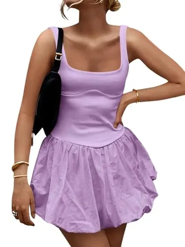 ZESICA Women's 2024 Summer Mini Dress Tank Sleeveless Square Neck Solid Color Puffy Beach Short Dresses Sundress,Purple,Medium