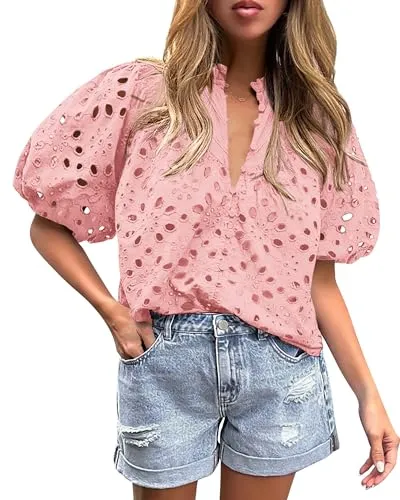 PRETTYGARDEN Women's Summer Tops Dressy Casual Short Lantern Sleeve V Neck Buttons Hollow Out Lace Embroidered Blouses Shirts (Pink,Small)