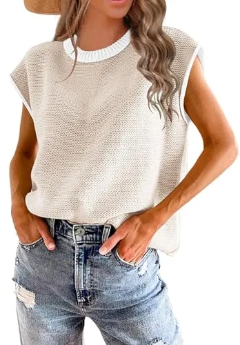 Cap Sleeve Knit Sweater Tops Sleeveless Vest Summer Tops Tank 2024 Clothes Spring Knit Pullover Trendy Sleeveless Shirts A Apricot