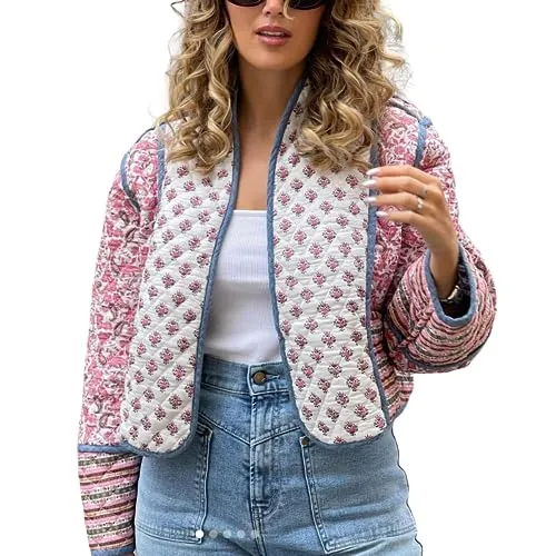 Omoone Women's Cropped Floral Quilted Jacket Cardigan Printed Lightweight Open Front Padded Puffer Coat(3950-01Pink-M)