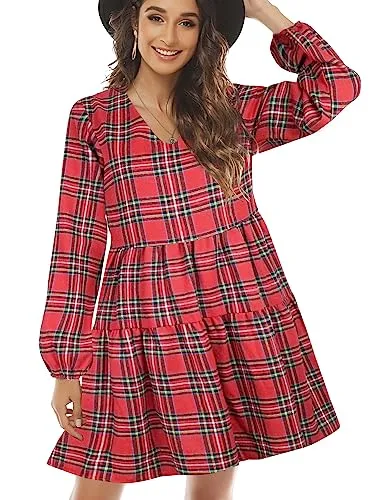 Fancyinn Long-Sleeve Buffalo Plaid Shift Tunic Dress