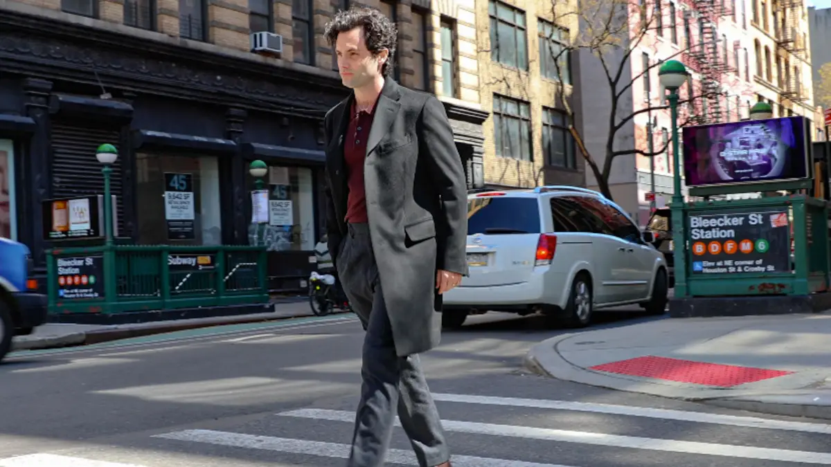 NEW YORK, NY - MARCH 25: Penn Badgley is seen on the film set of 'You' season 5 TV Series on March 25, 2024 in New York City. (Photo by Jose Perez/Bauer-Griffin/GC Images)