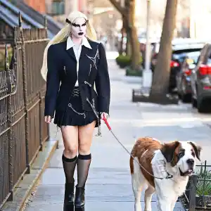 Julia Fox Walks Her Dog in Liquid Death Glam