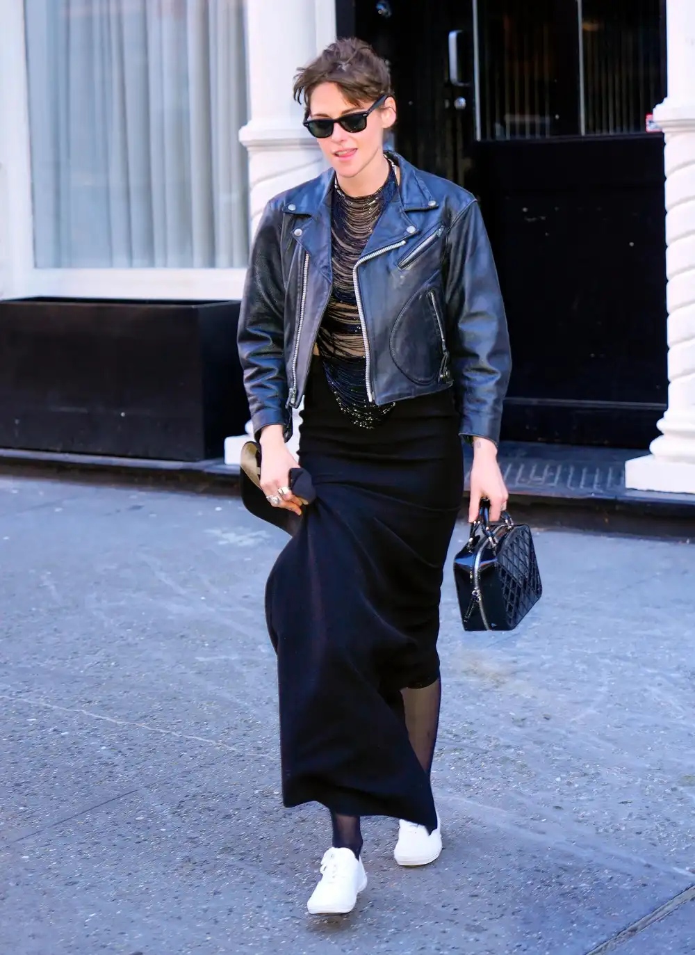 Kristen Stewart Goes Monochrome in Black Cut-Out Halter Top and Maxi Skirt in NYC
