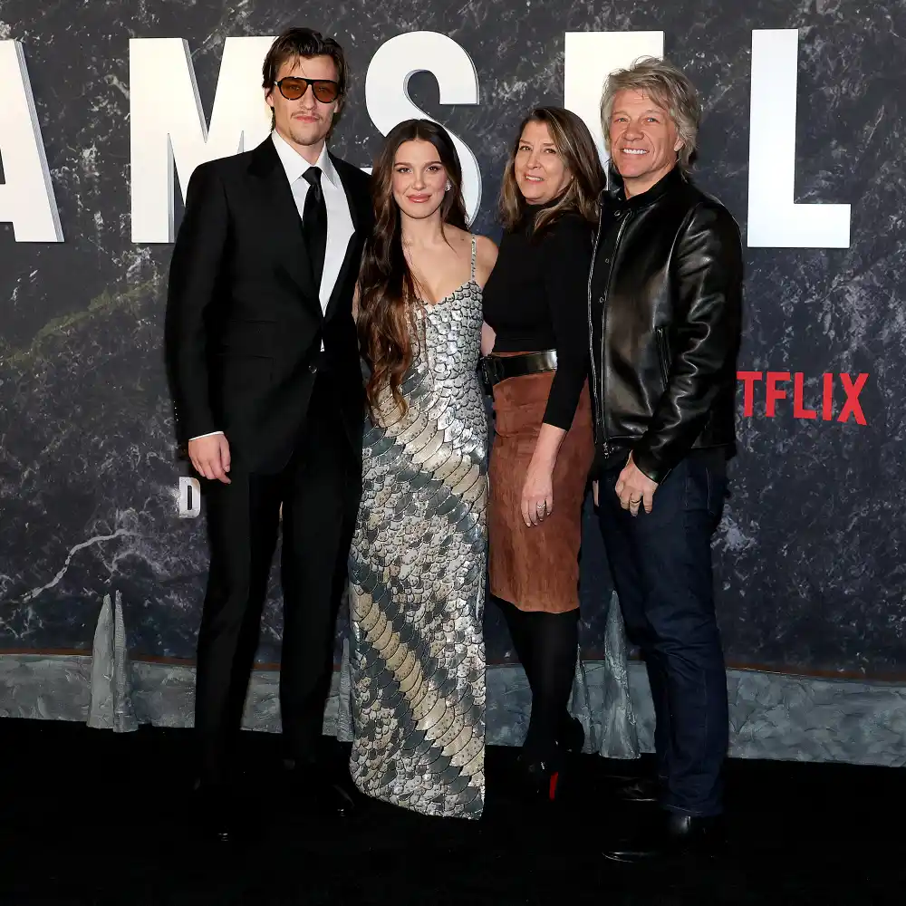 Millie Bobby Brown and Fiance Jake Bongiovi Pose with Jon Bon Jovi on &lsquo;Damsel&rsquo; Red Carpet