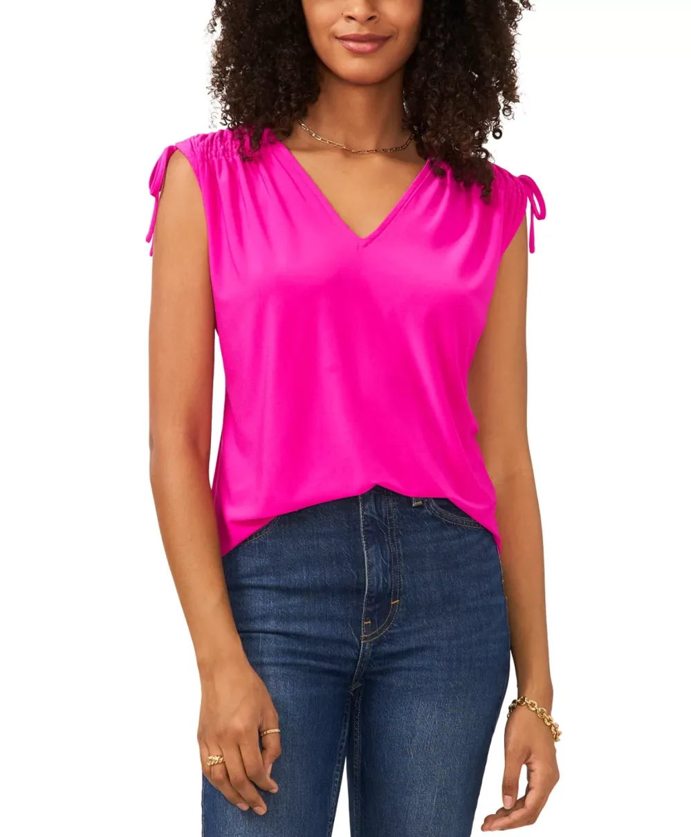 Vince Camuto Women's Solid-Color V-Neck Shirred-Shoulder Top fashion finds