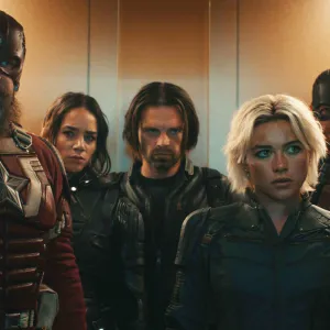 (L-R): Alexei Shostakov/Red Guardian (David Harbour), Ghost (Hannah John-Kamen), Bucky Barnes (Sebastian Stan), Yelena Belova (Florence Pugh), and John Walker (Wyatt Russell) in Marvel Studios' THUNDERBOLTS*. Photo courtesy of Marvel Studios. © 2024 MARVEL.