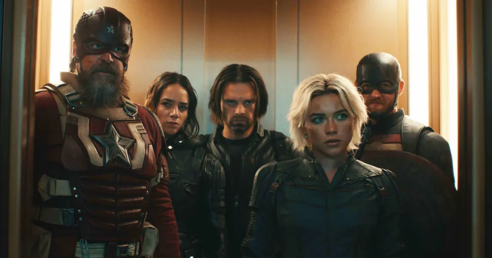 (L-R): Alexei Shostakov/Red Guardian (David Harbour), Ghost (Hannah John-Kamen), Bucky Barnes (Sebastian Stan), Yelena Belova (Florence Pugh), and John Walker (Wyatt Russell) in Marvel Studios' THUNDERBOLTS*. Photo courtesy of Marvel Studios. &copy; 2024 MARVEL.