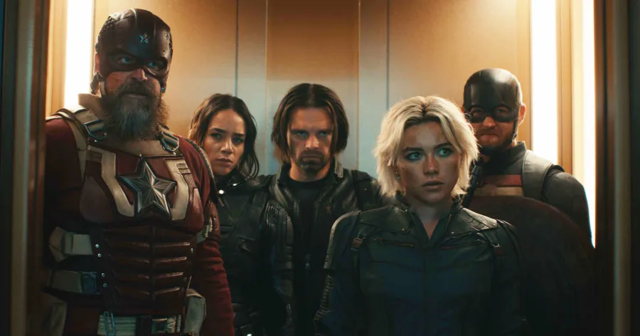 (L-R): Alexei Shostakov/Red Guardian (David Harbour), Ghost (Hannah John-Kamen), Bucky Barnes (Sebastian Stan), Yelena Belova (Florence Pugh), and John Walker (Wyatt Russell) in Marvel Studios' THUNDERBOLTS*. Photo courtesy of Marvel Studios. © 2024 MARVEL.