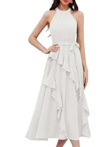 Grace Karin Sleeveless Halter-Neck Ruffle Midi Dress