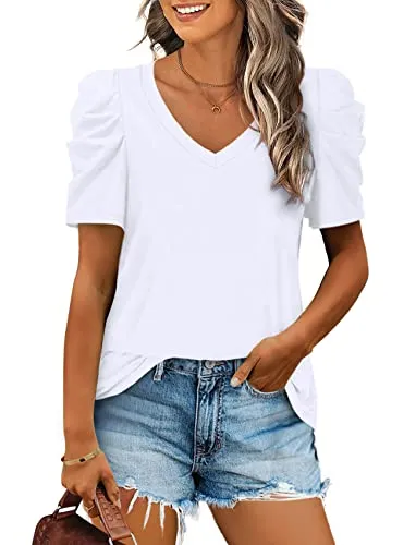 Xieerduo Shirt V-Neck Puff-Sleeve Top