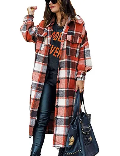 Omoone Plaid Long Shirt Jacket