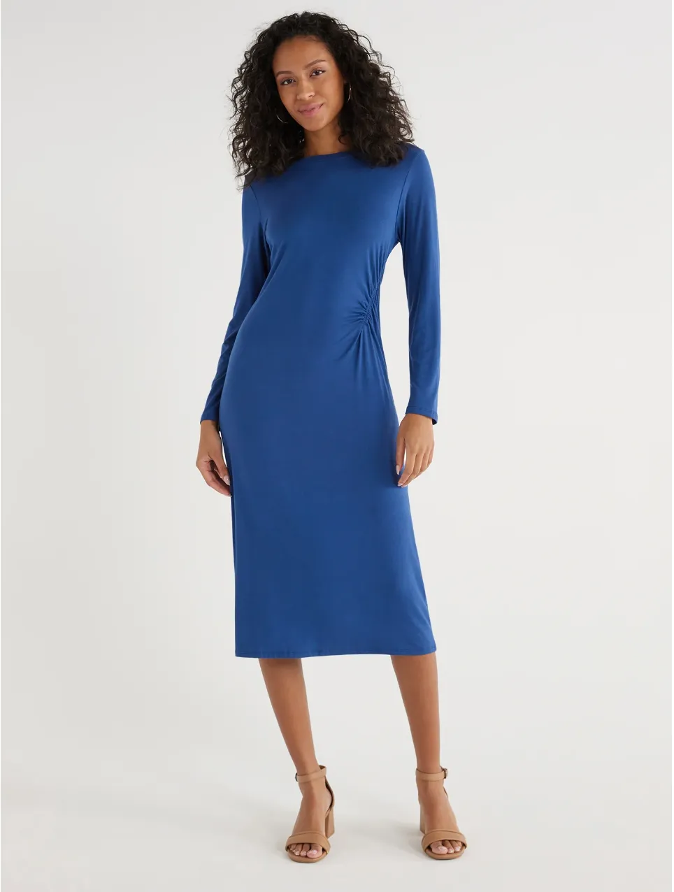 Time and Tru Women&rsquo;s Rouched Midi Dress with Long Sleeves