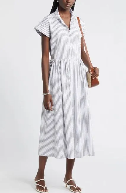 Nordstrom Drop Waist Button Front Cotton Midi Dress 