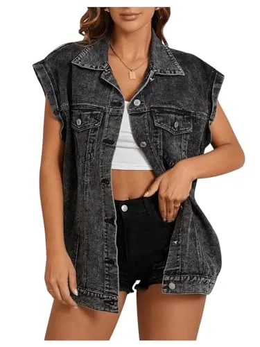 Floerns Cap-Sleeve Denim Vest