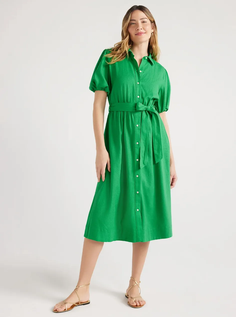 Free Assembly Women&rsquo;s Midi Shirtdress with Puff Sleeves