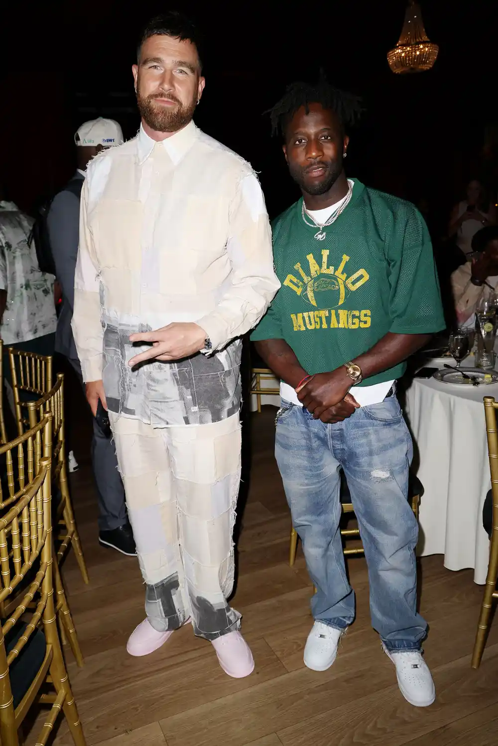 Travis Kelce Attends F1 Miami Grand Prix Party in Patchwork Two-Piece Set and Pink Sneakers 2