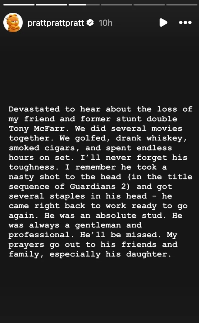 Chris Pratt &lsquo;Devastated&rsquo; Over the Death of Stunt Double