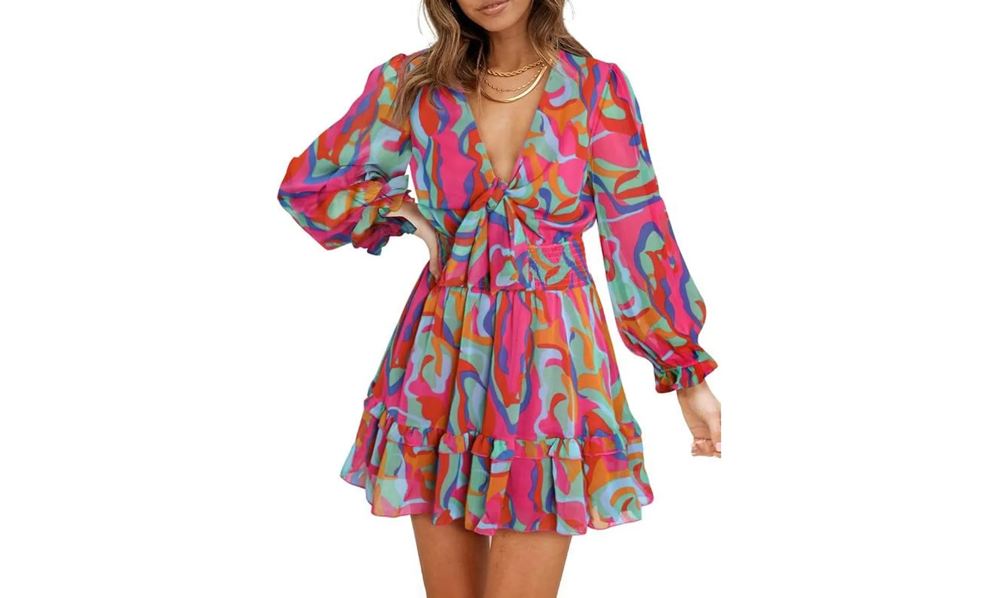 Dokotoo Knotted Tiered Chiffon Mini Skater Dress Amazon