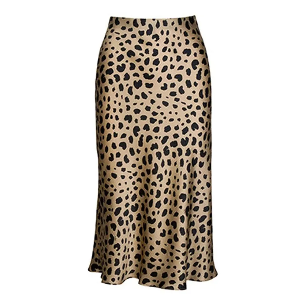 Keasmto Leopard Print Satin Elasticized Midi Skirt&nbsp;