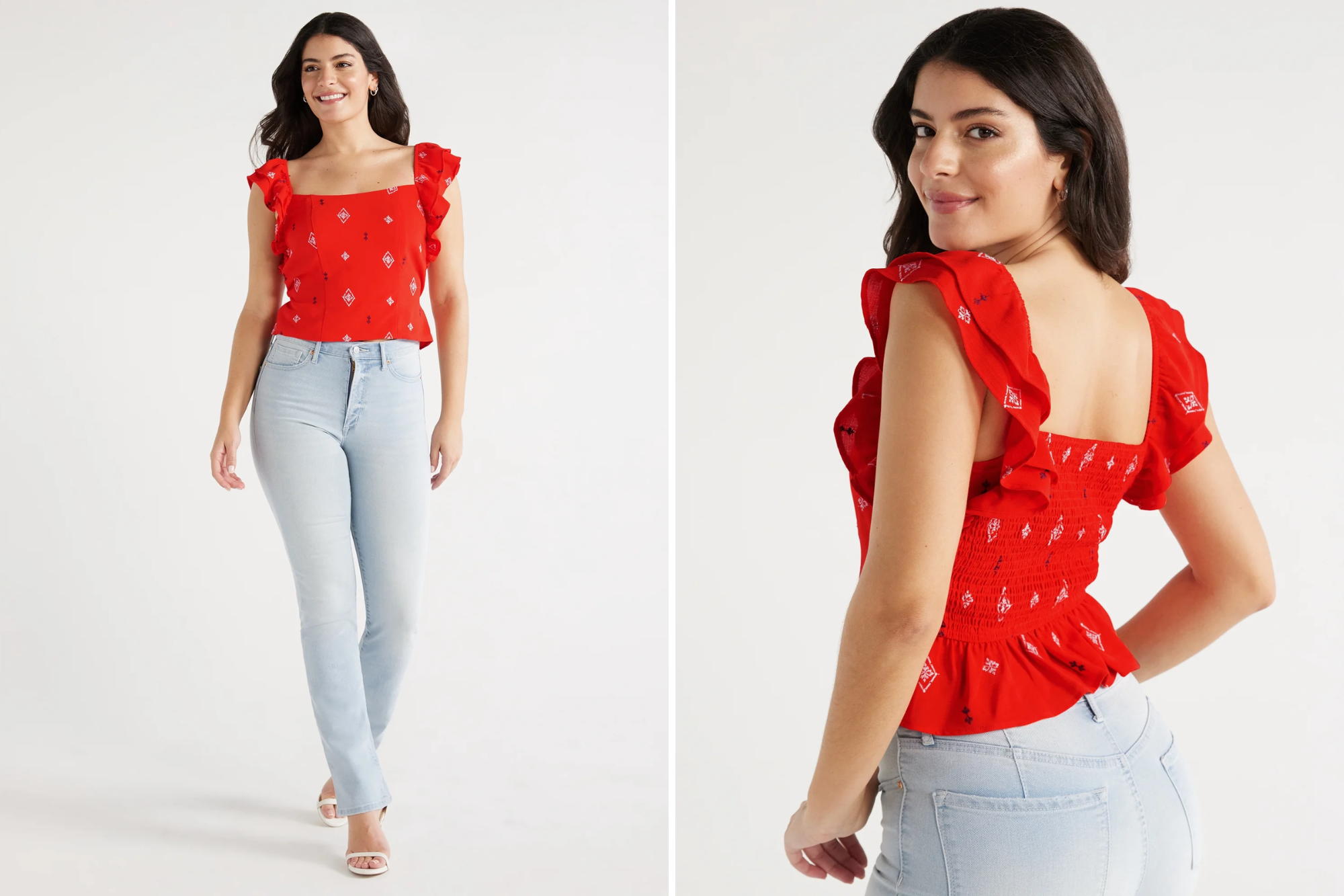 Sofia Jeans Double Ruffle Embroidered Top