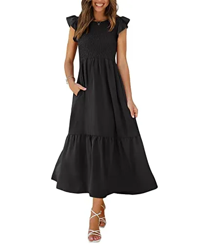 OFEEFAN Maxi Dresses for Women Flutter Sleeve Summer Dresses with Pockets Black M