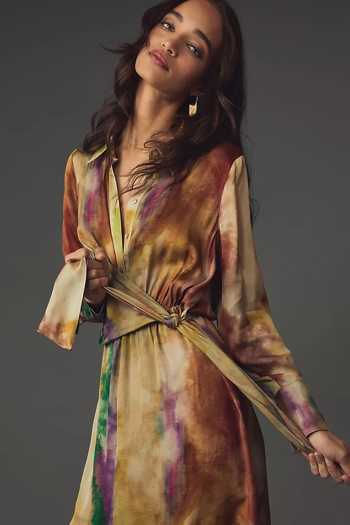 By Anthropologie Long-Sleeve Tie-Front Midi Shirt Dress 