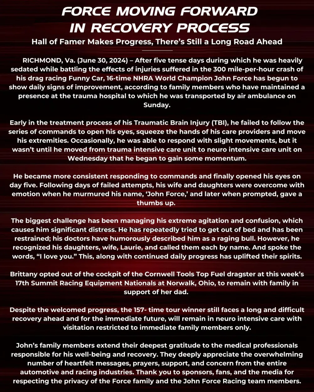 Drag Racing Champion John Force Showing Daily Signs of Improvement After Fiery Crash