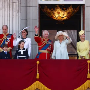 (L-R) Britain's Prince George of Wales, Britain's Prince William, Prince of Wales, Britain's Prince Louis of Wales, Britain's Catherine, Princess of Wales, Britain's Princess Charlotte of Wales, Britain's King Charles III, Britain's Queen Camilla, Britain's Sophie, Duchess of Edinburgh, and Britain's Prince Edward, Duke of Edinburgh, pose on the balcony of Buckingham Palace after attending the King's Birthday Parade "Trooping the Colour" in London on June 15, 2024. The ceremony of Trooping the Colour is believed to have first been performed during the reign of King Charles II. Since 1748, the Trooping of the Colour has marked the official birthday of the British Sovereign. Over 1500 parading soldiers and almost 300 horses take part in the event. (Photo by HENRY NICHOLLS / AFP) (Photo by HENRY NICHOLLS/AFP via Getty Images)