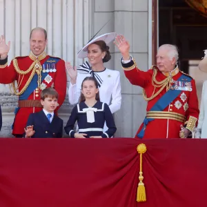 LONDON, ENGLAND - JUNE 15: Prince George of Wales, Prince William, Prince of Wales, Prince Louis of Wales, Princess Charlotte of Wales, Catherine, Princess of Wales, King Charles III and Queen Camilla during Trooping the Colour at Buckingham Palace on June 15, 2024 in London, England. Trooping the Colour is a ceremonial parade celebrating the official birthday of the British Monarch. The event features over 1,400 soldiers and officers, accompanied by 200 horses. More than 400 musicians from ten different bands and Corps of Drums march and perform in perfect harmony. (Photo by Chris Jackson/Getty Images)