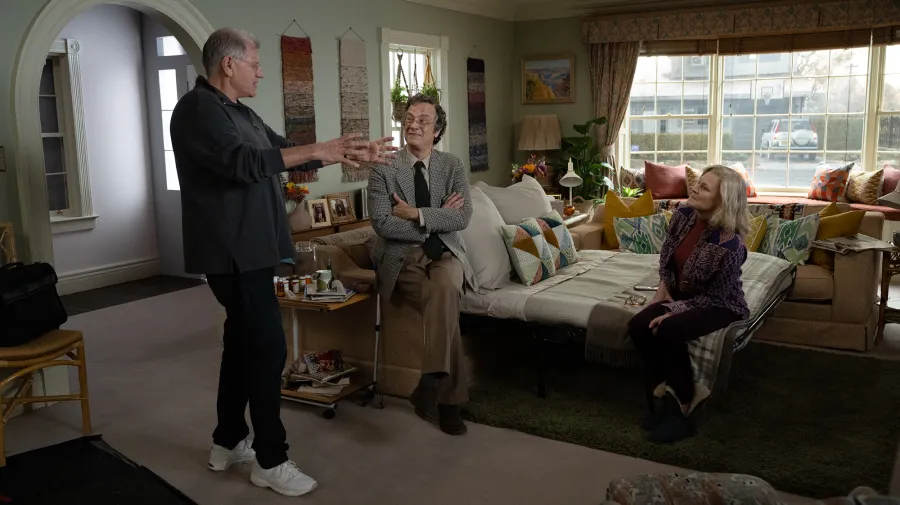 Director Robert Zemeckis, Tom Hanks and Robin Wright on the set of HERE.