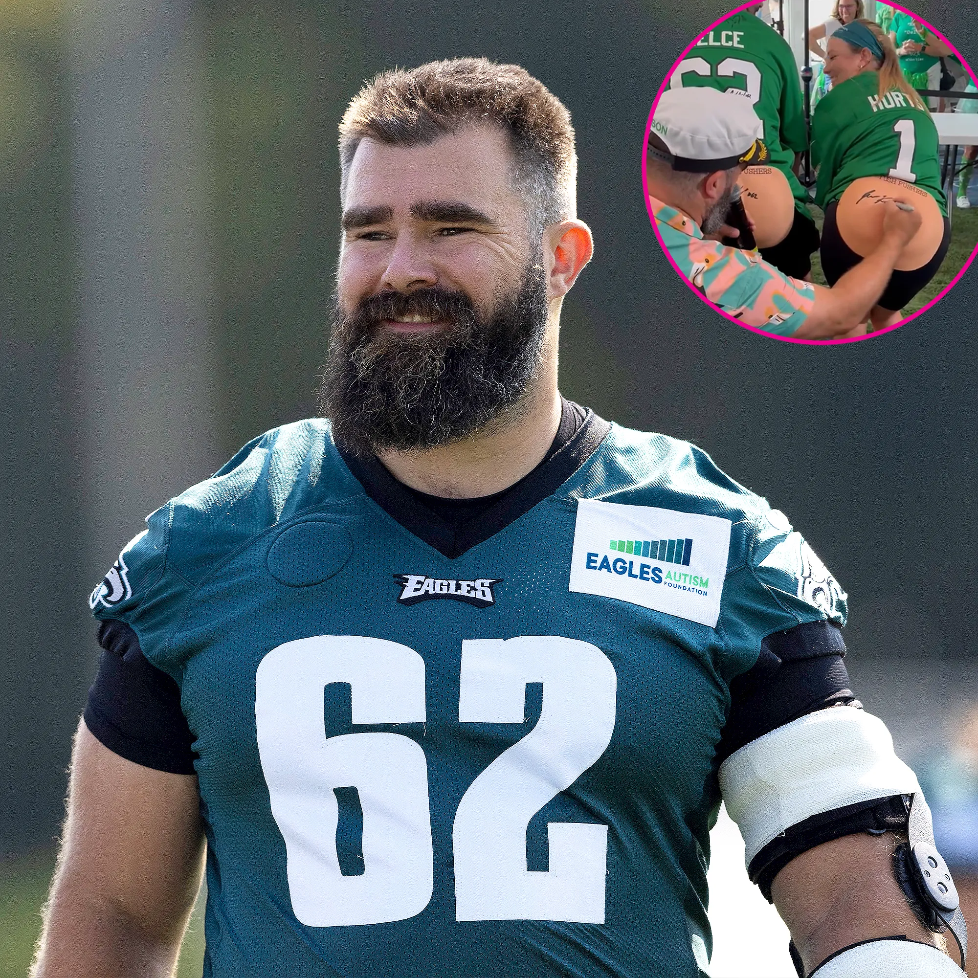 Jason Kelce Signs A Pair of Fake Butts at Eagles Charity Bowl