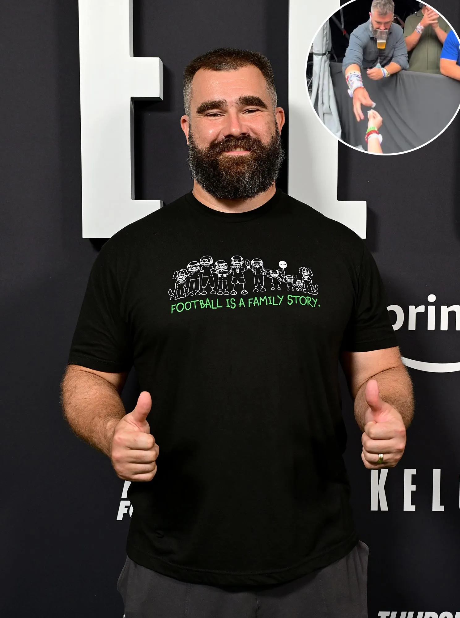 Jason Kelce Expertly Holds Beer While Adjusting Friendship Bracelet Sleeves at London Eras Tour