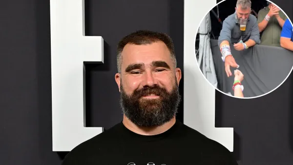 Jason Kelce Expertly Holds Beer While Adjusting Friendship Bracelet Sleeves at London Eras Tour